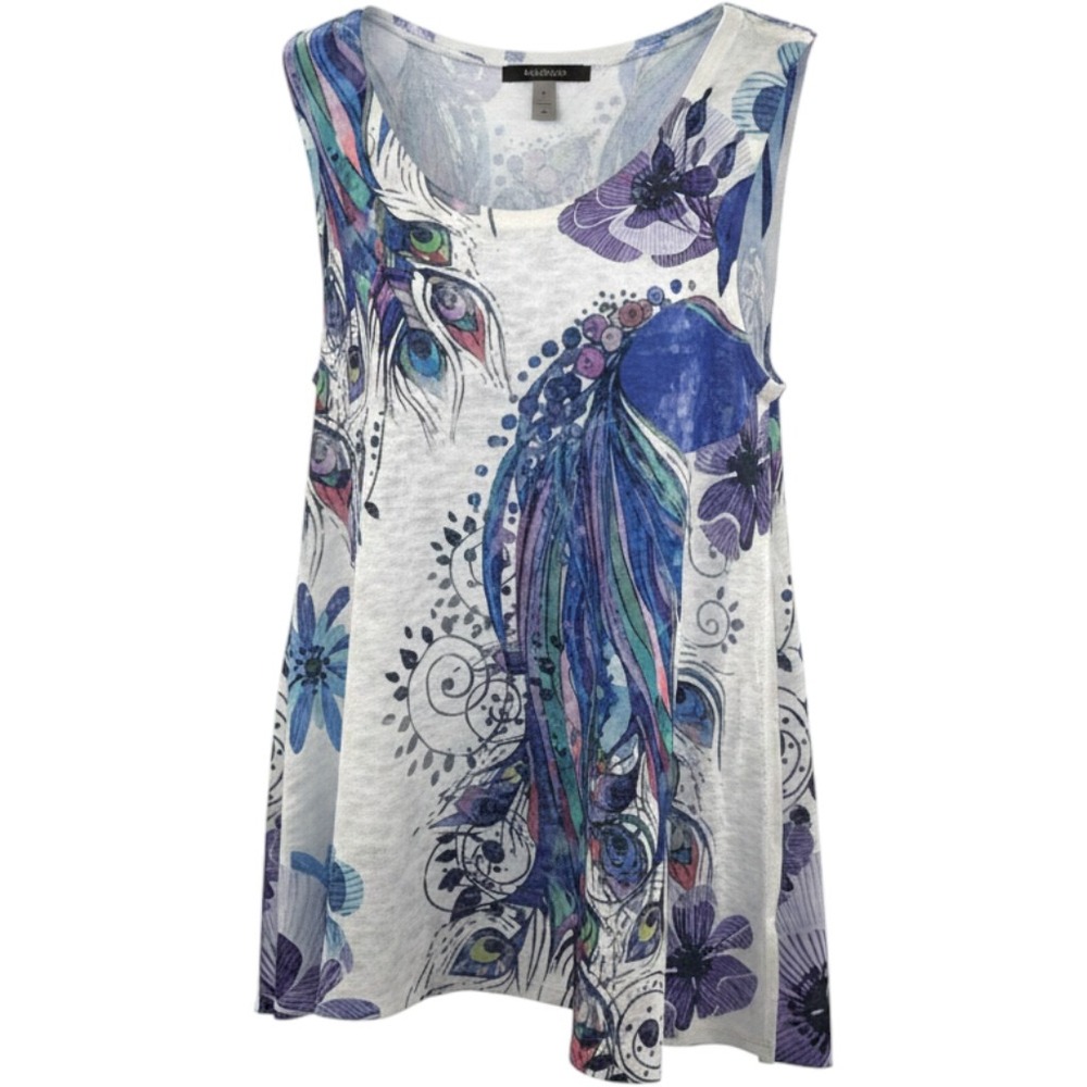 Et'Lois Womens Peacock Floral Print Sleeveless Tank Top High Low Blue Purple S